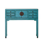 Console de style chinois 2 portes 6 tiroirs turquoise