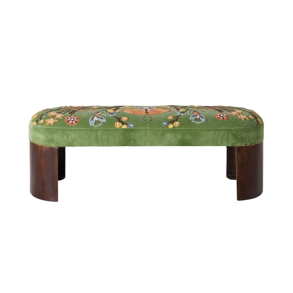 Green Velvet Hand-Embroidered Curved Bench