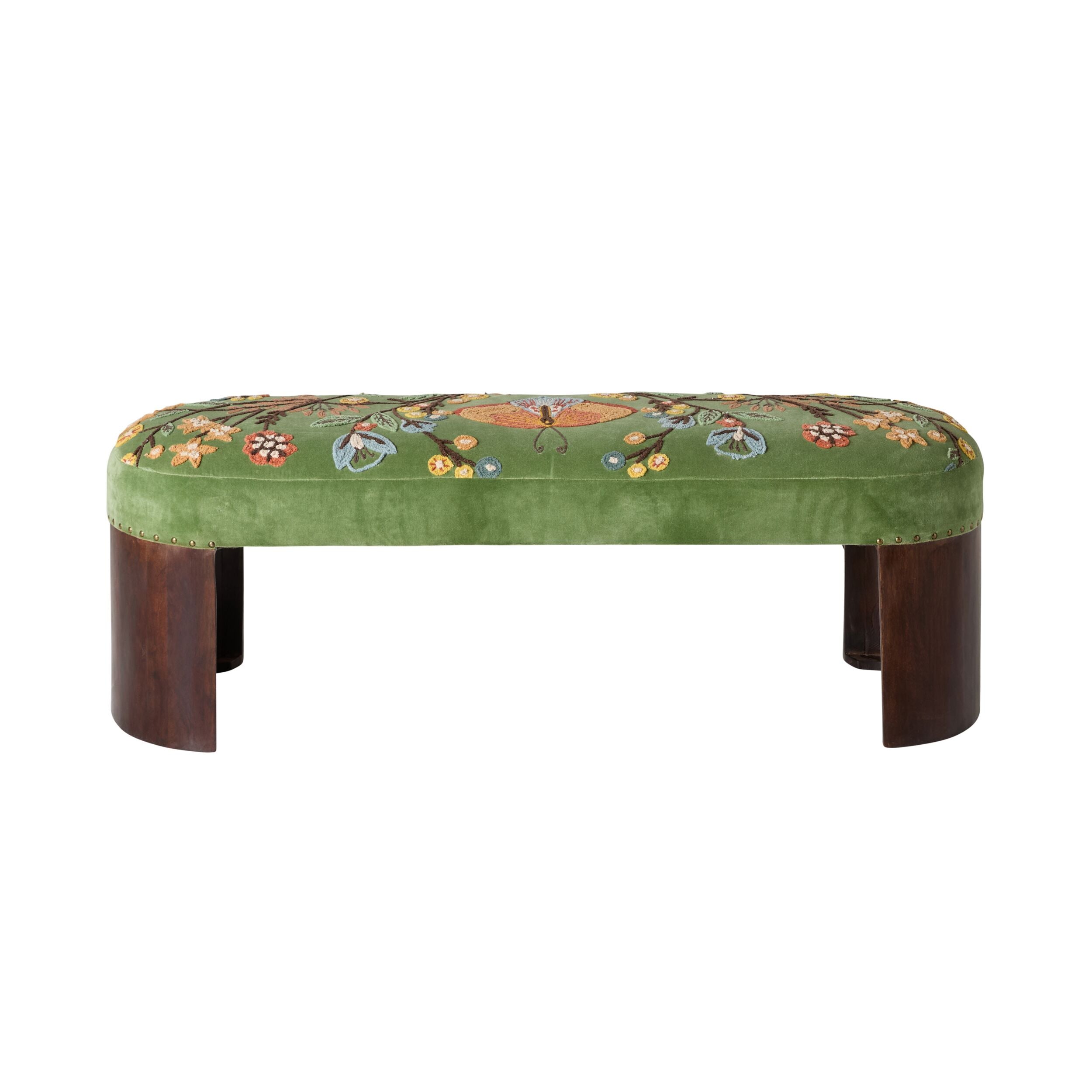 Green Velvet Hand-Embroidered Curved Bench