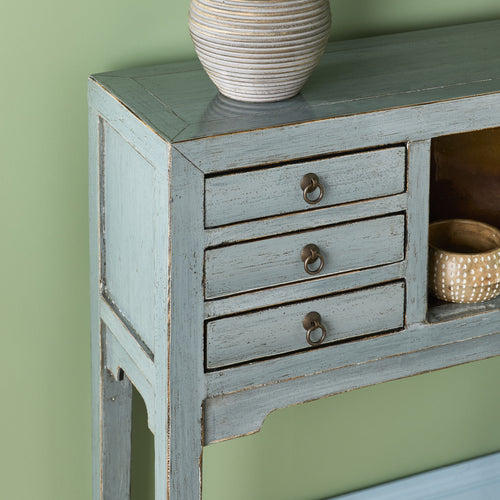 Console de style chinois, 2 portes, 6 tiroirs, gris tourterelle
