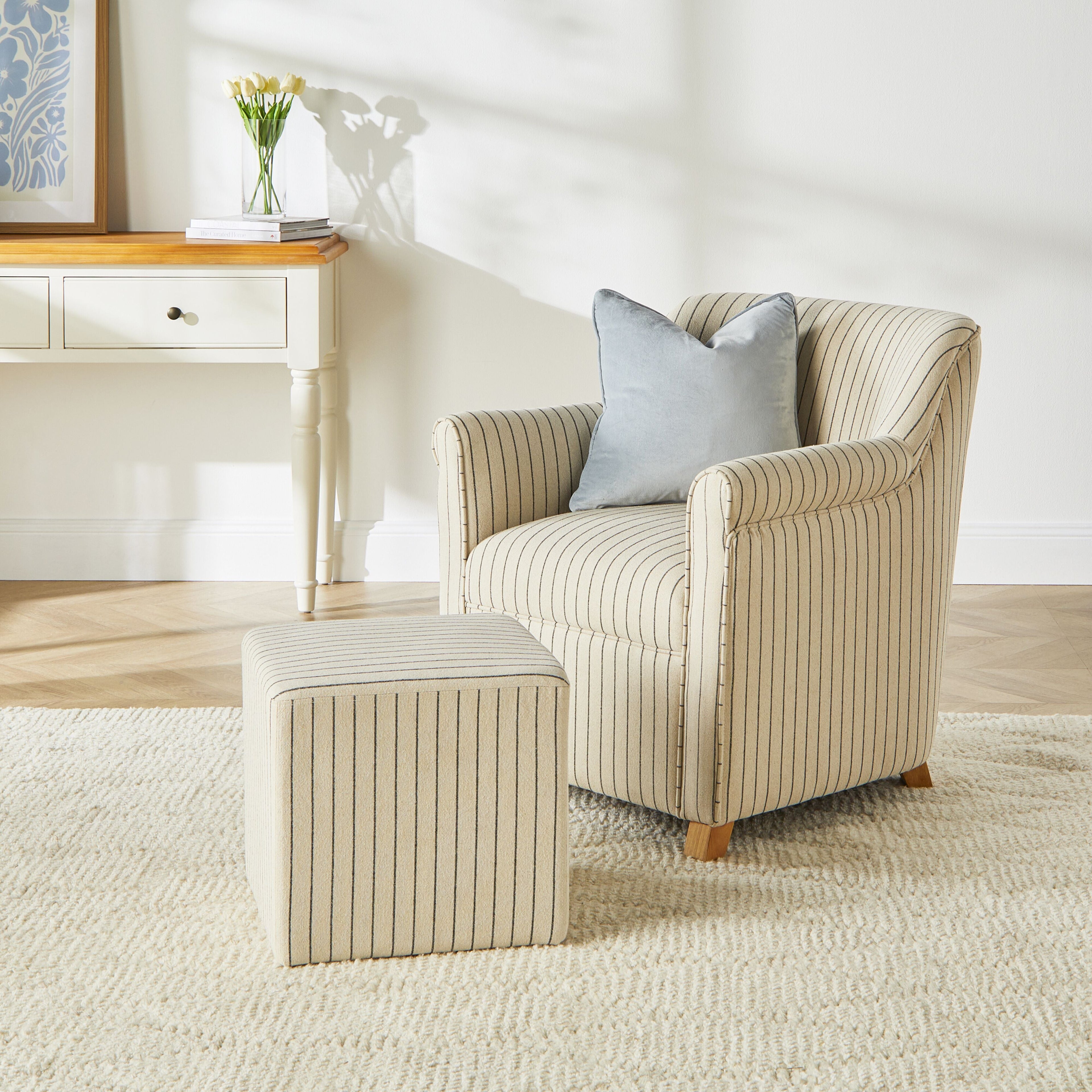 Square Linen Stripe Ottoman Coastal Style