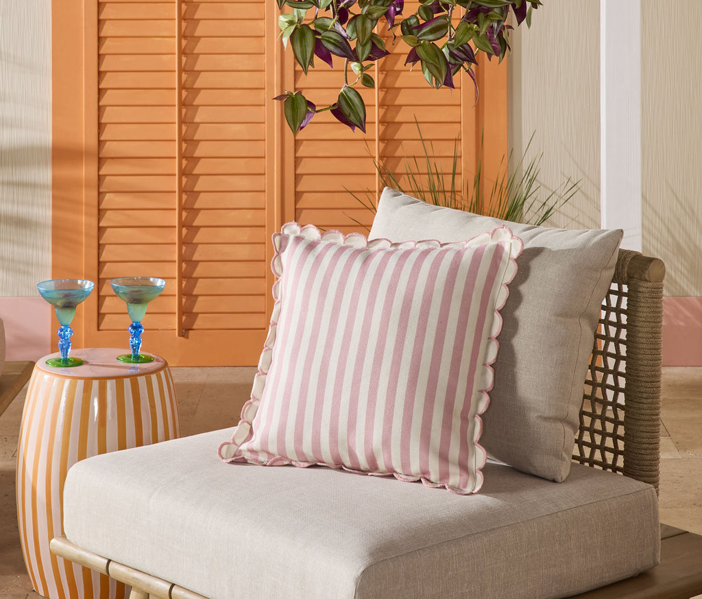 Scallop Edge Stripe Outdoor Cushion 45x45cm Blush Pink