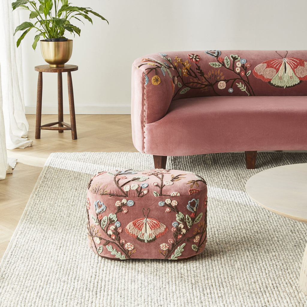 Rose Pink Velvet Hand-Embroidered Floral Ottoman