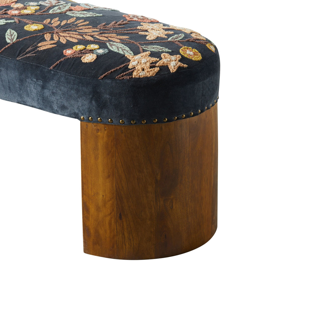Dark Navy Velvet Hand-Embroidered Bench