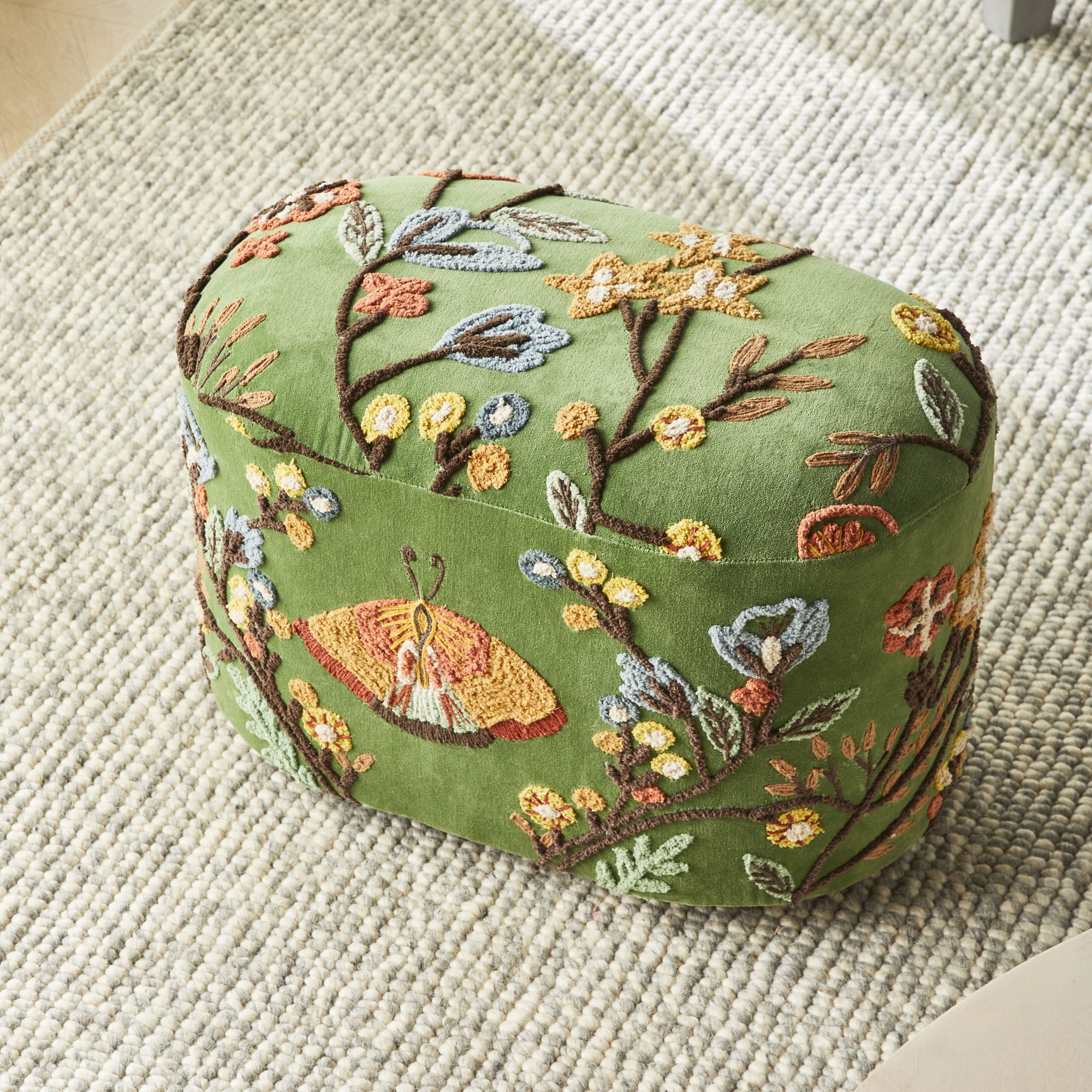 Green Velvet Hand-Embroidered Floral Ottoman