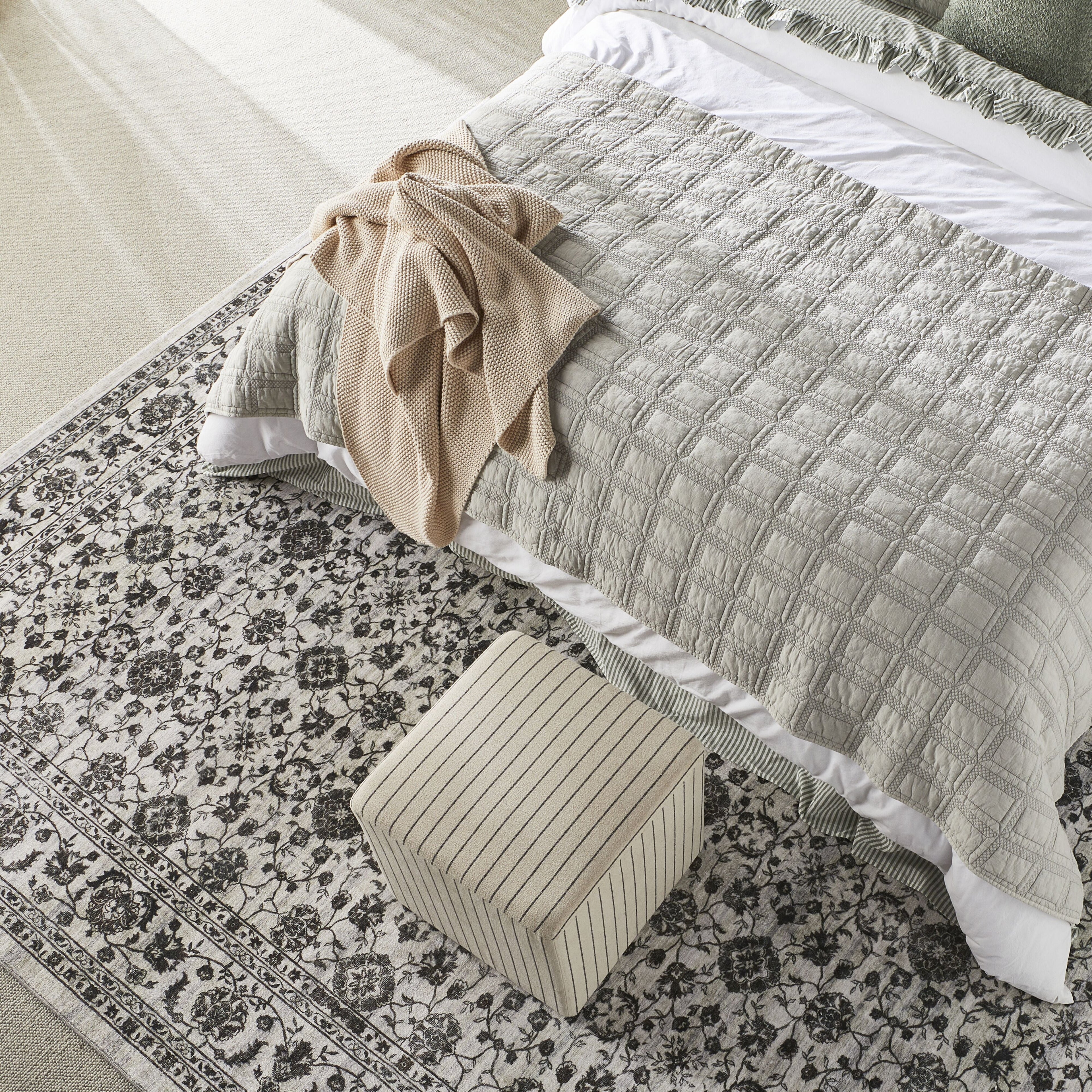 Square Linen Stripe Ottoman Coastal Style