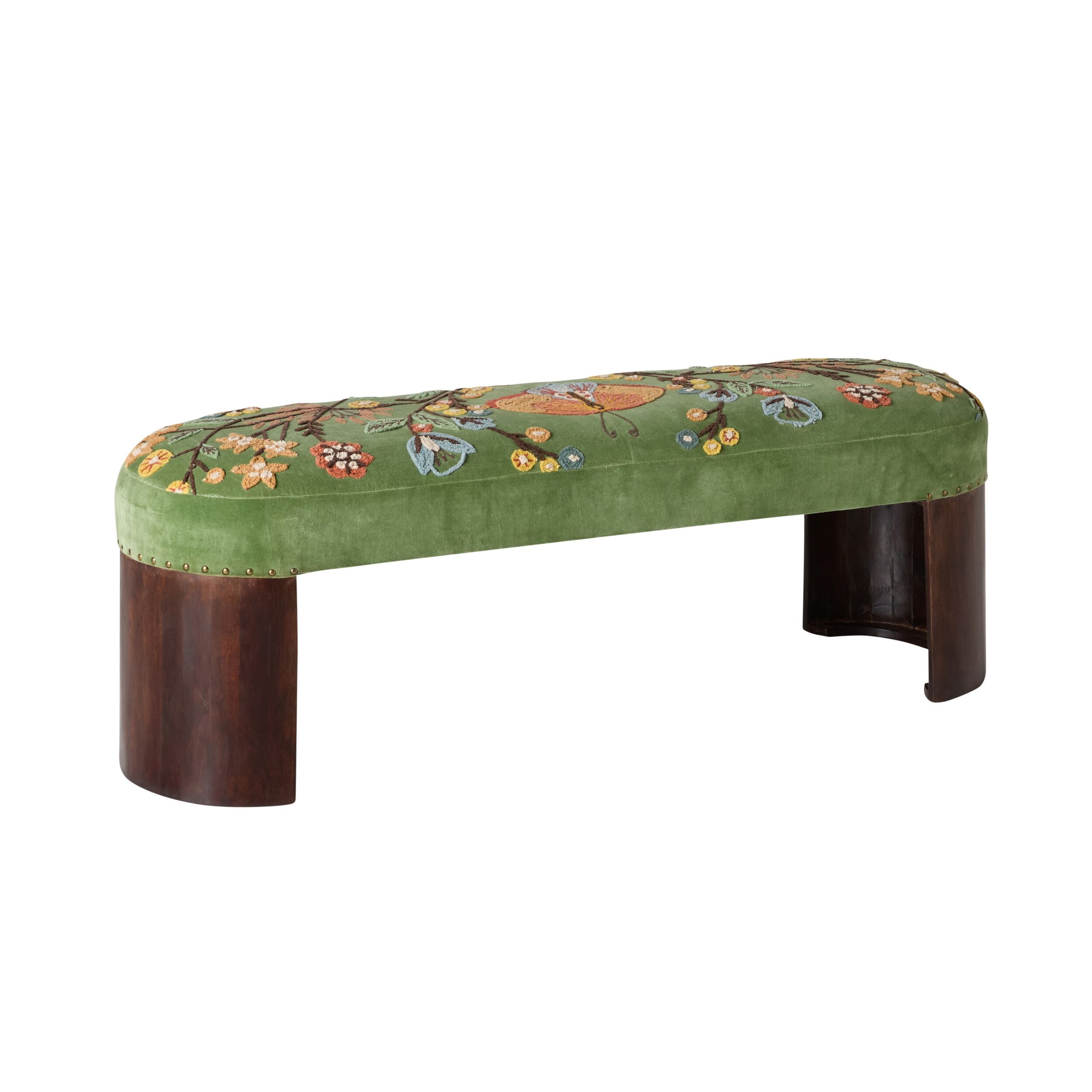 Green Velvet Hand-Embroidered Curved Bench