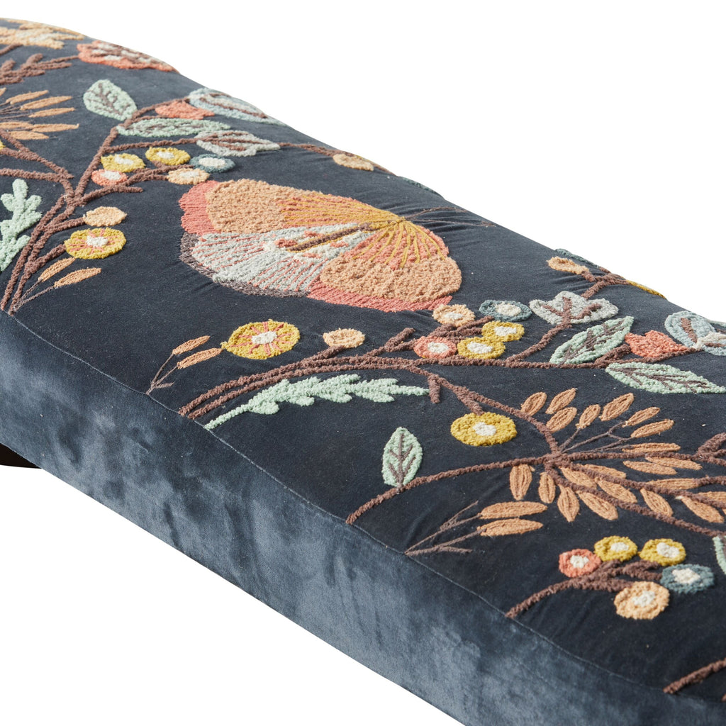 Dark Navy Velvet Hand-Embroidered Bench