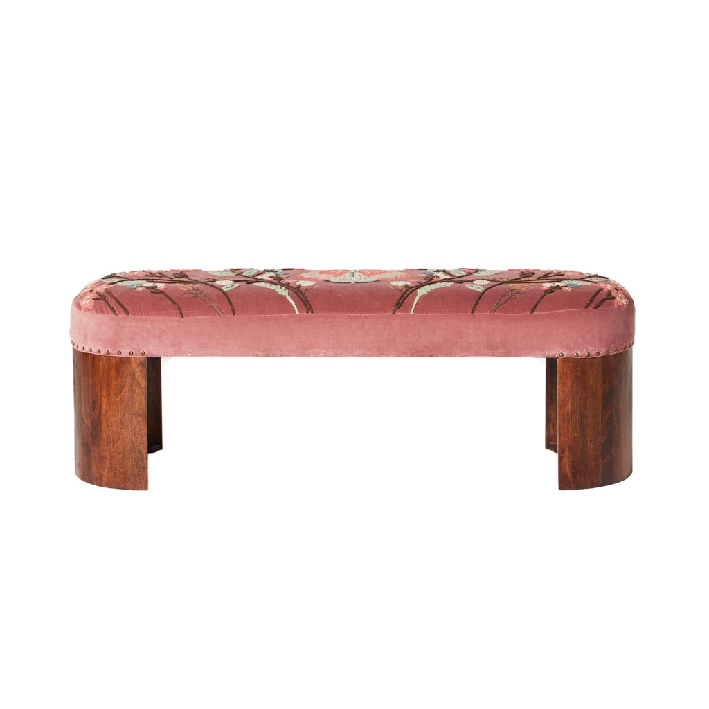 Rose Pink Velvet Hand-Embroidered Bench