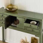 Console de style chinois à 2 portes et 6 tiroirs, vert sauge