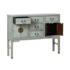 Console de style antique chinois à 5 tiroirs et 4 portes gris tourterelle