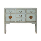 Console de style antique chinois à 5 tiroirs et 4 portes gris tourterelle
