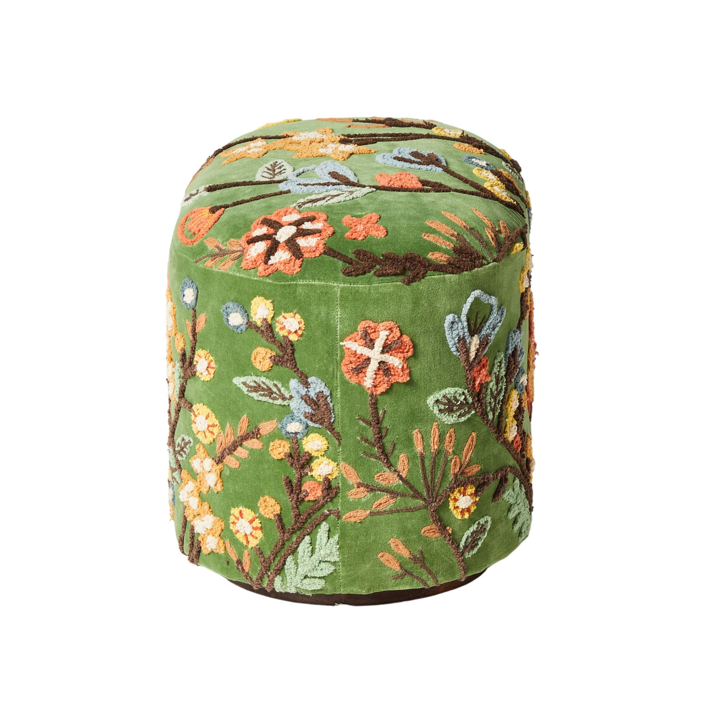 Green Velvet Hand-Embroidered Floral Ottoman