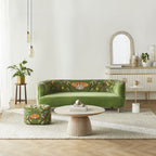 Ottoman brodé main fleuri en velours vert