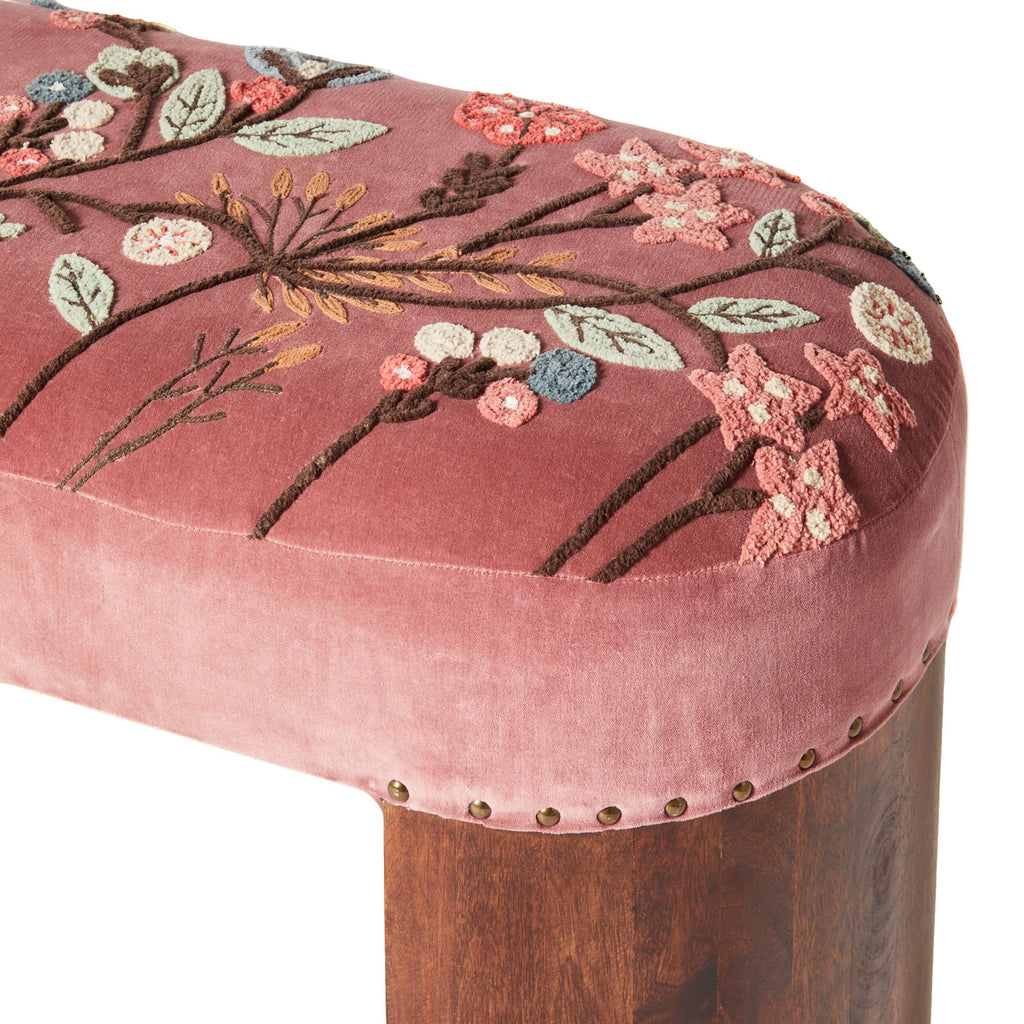 Rose Pink Velvet Hand-Embroidered Bench