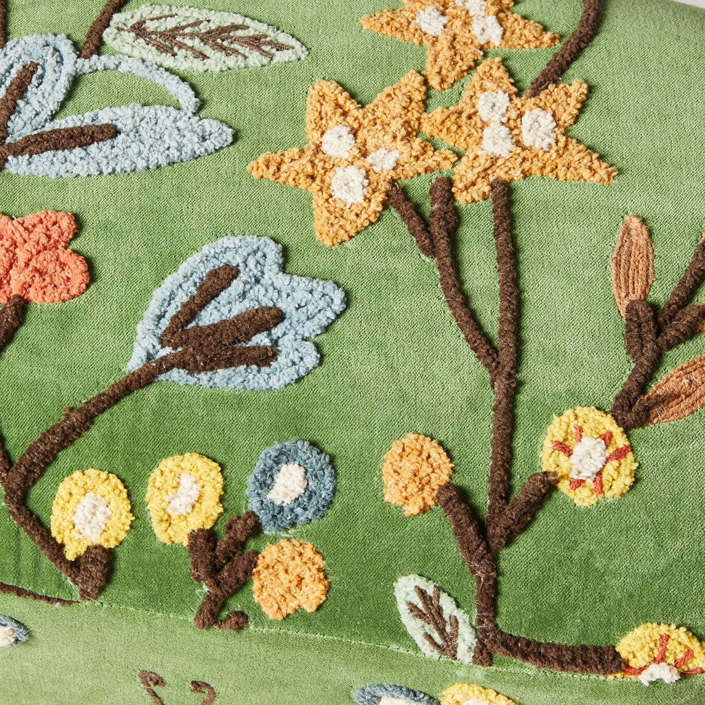 Green Velvet Hand-Embroidered Floral Ottoman
