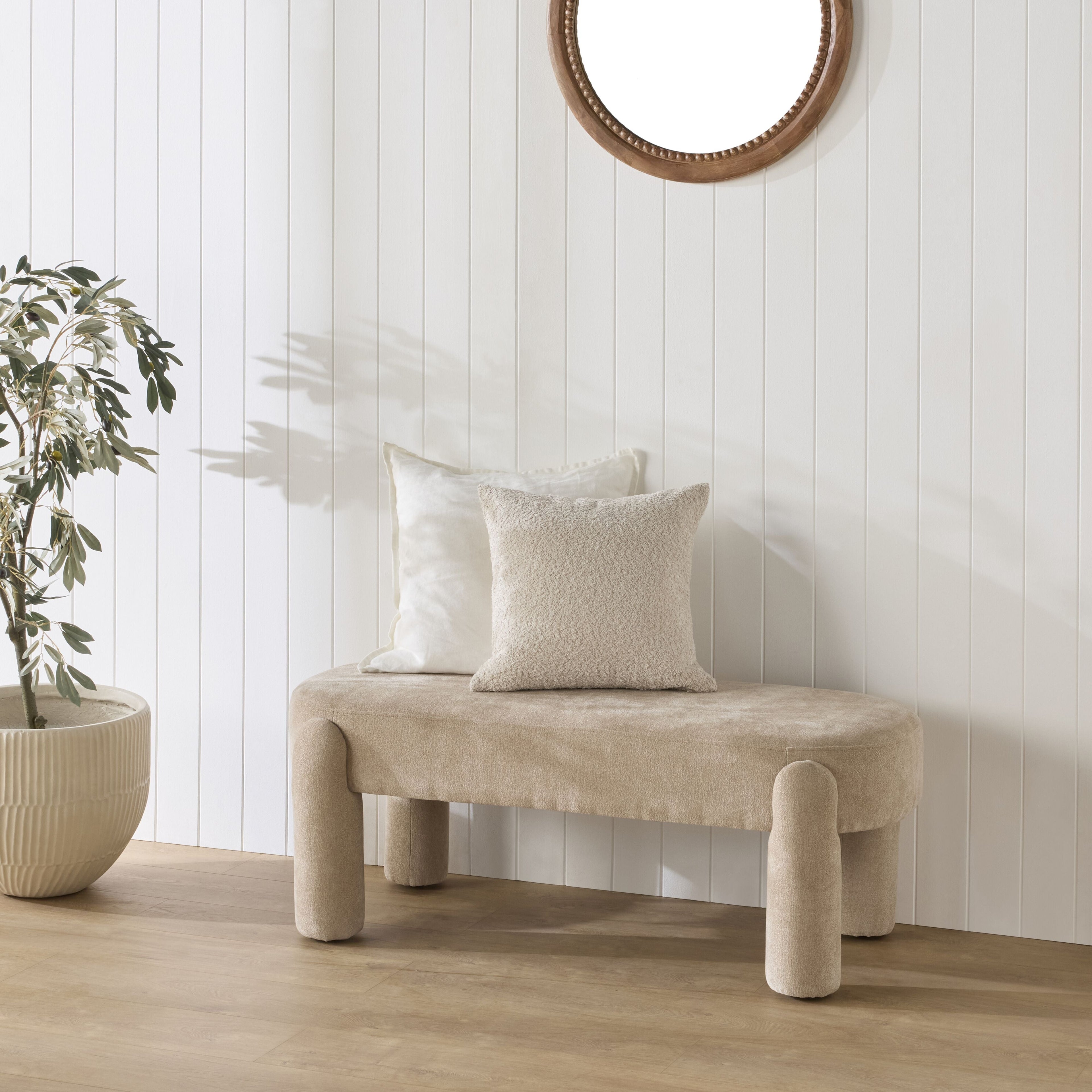 Chenille Upholstered Bench Shades of Taupe