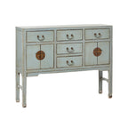Console de style antique chinois à 5 tiroirs et 4 portes gris tourterelle