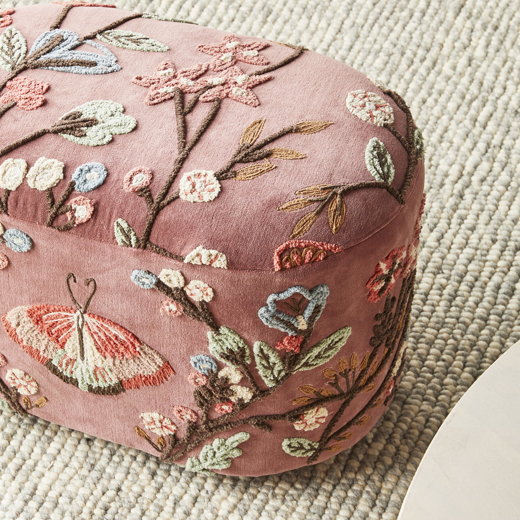 Rose Pink Velvet Hand-Embroidered Floral Ottoman