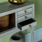 Console de style chinois, 2 portes, 6 tiroirs, gris tourterelle