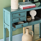 Console de style chinois 2 portes 6 tiroirs turquoise