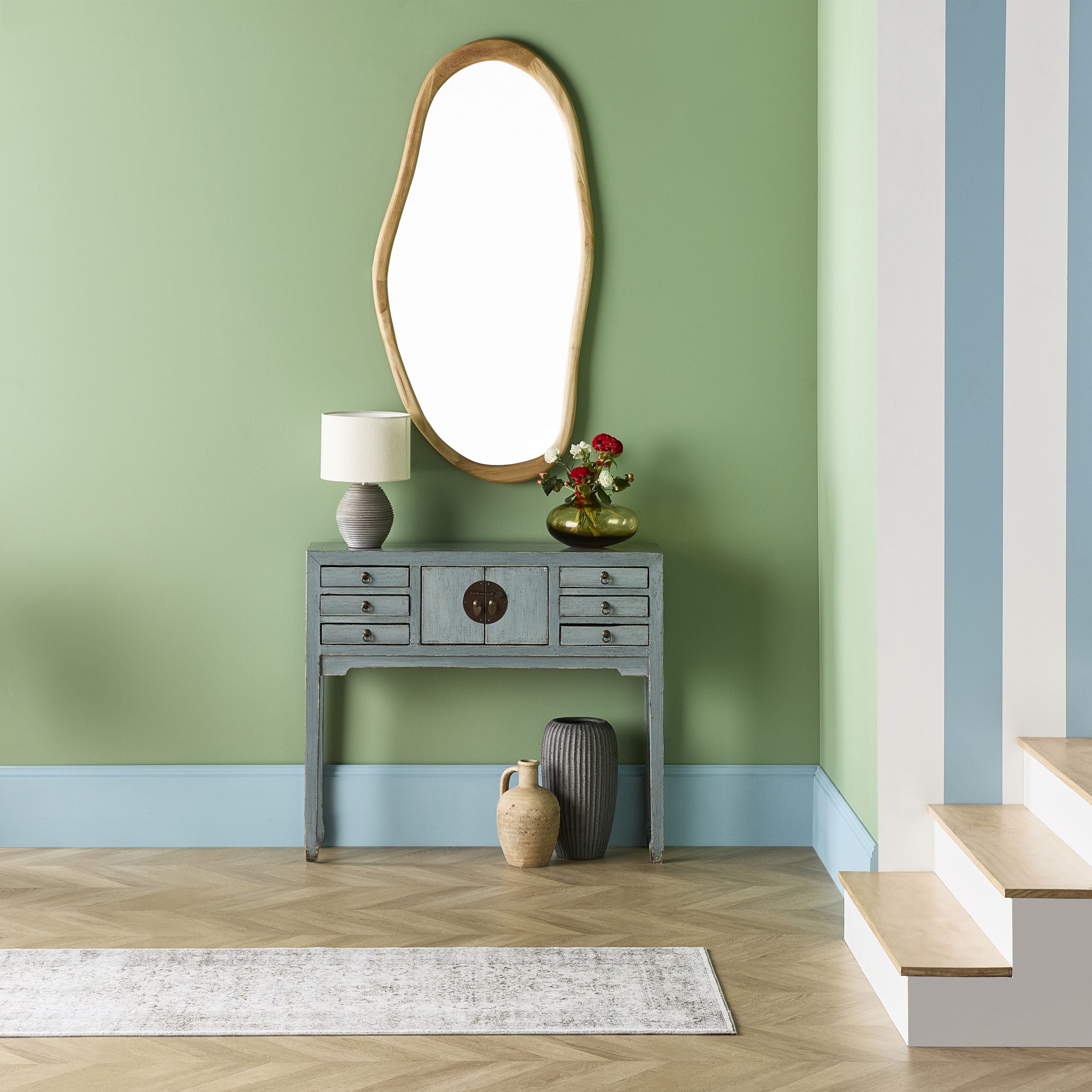 Chinese-Style Console 2 Door 6 Drawer Dove Grey