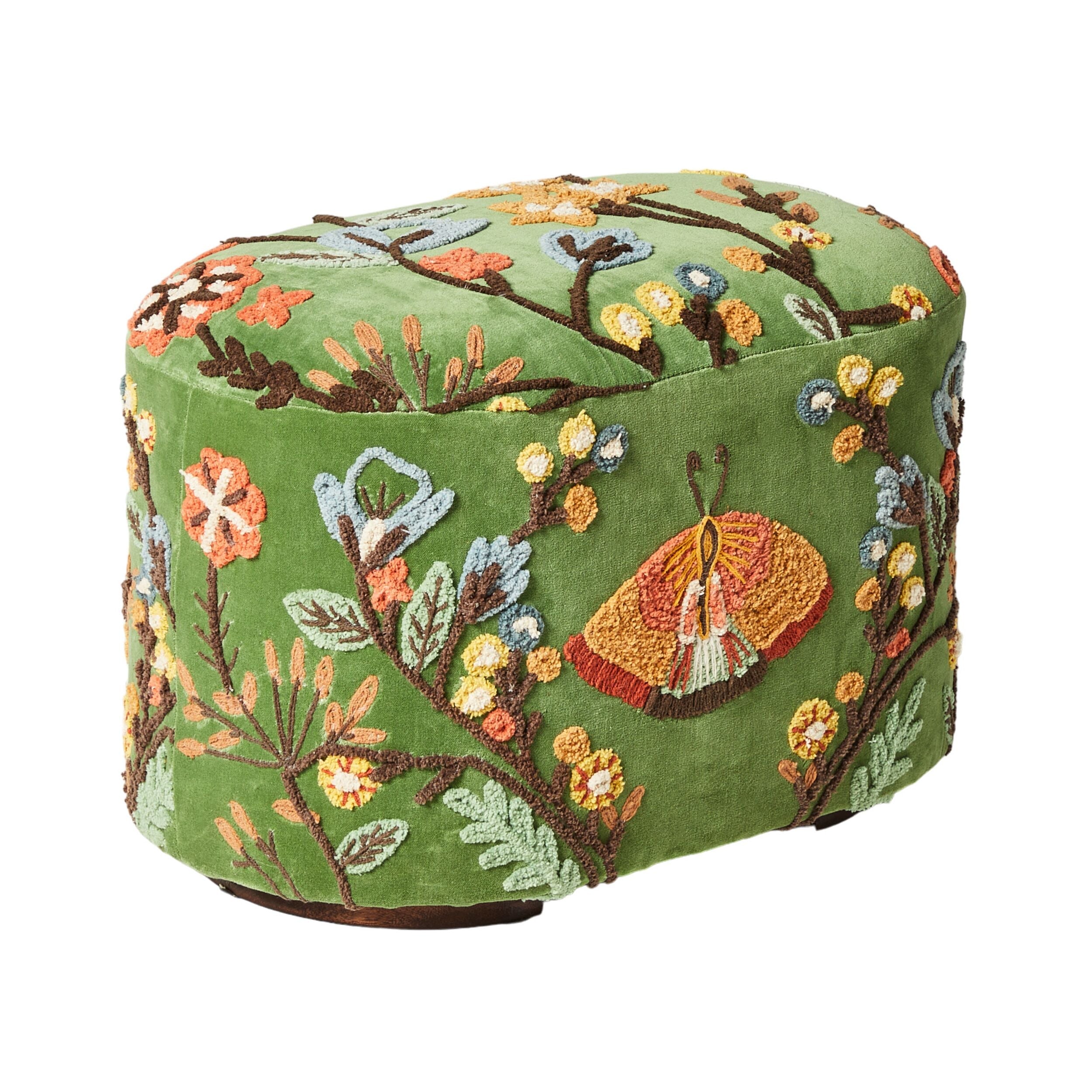Green Velvet Hand-Embroidered Floral Ottoman