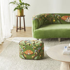 Ottoman brodé main fleuri en velours vert