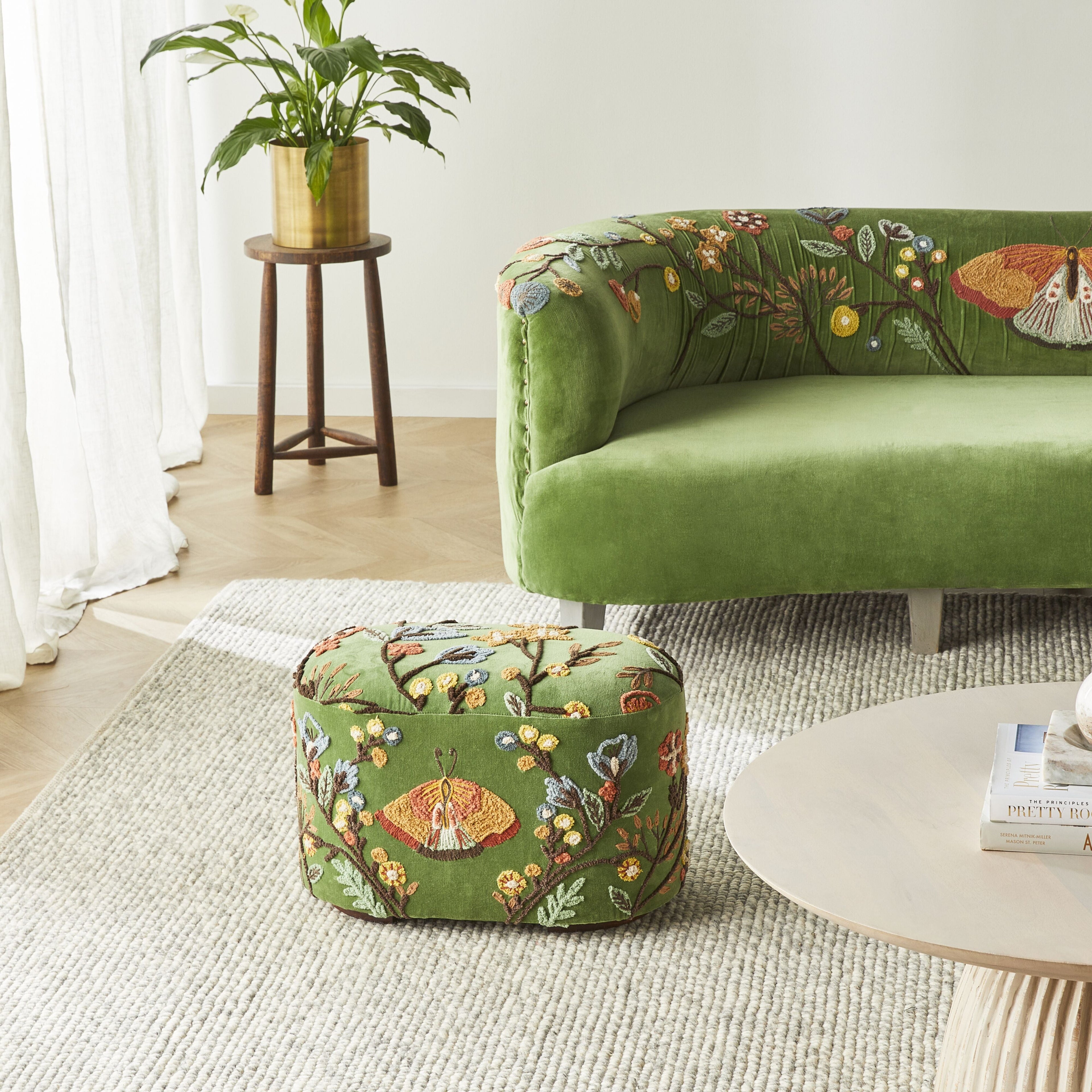 Green Velvet Hand-Embroidered Floral Ottoman