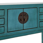 Console de style chinois 2 portes 6 tiroirs turquoise