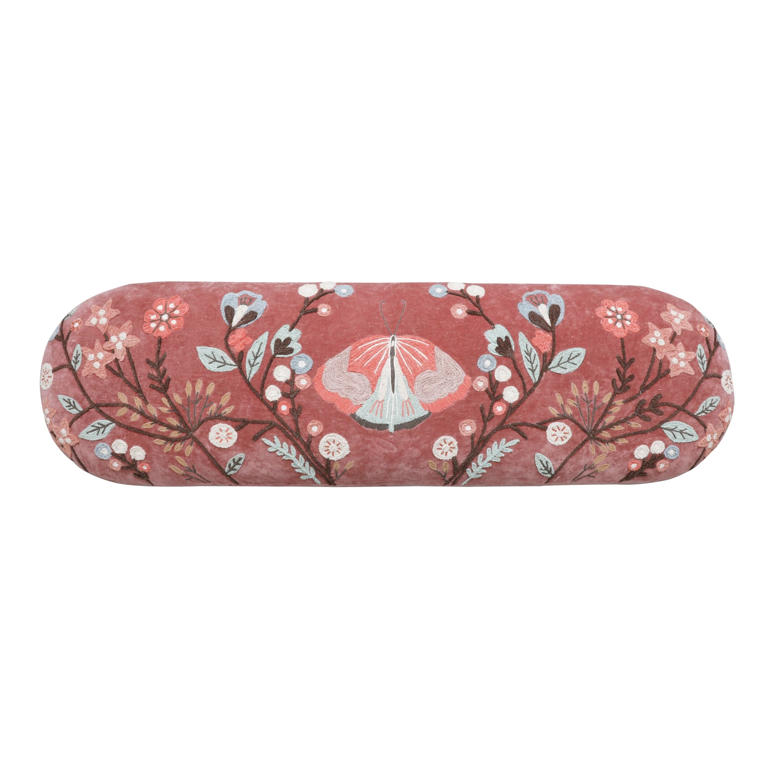 Rose Pink Velvet Hand-Embroidered Bench