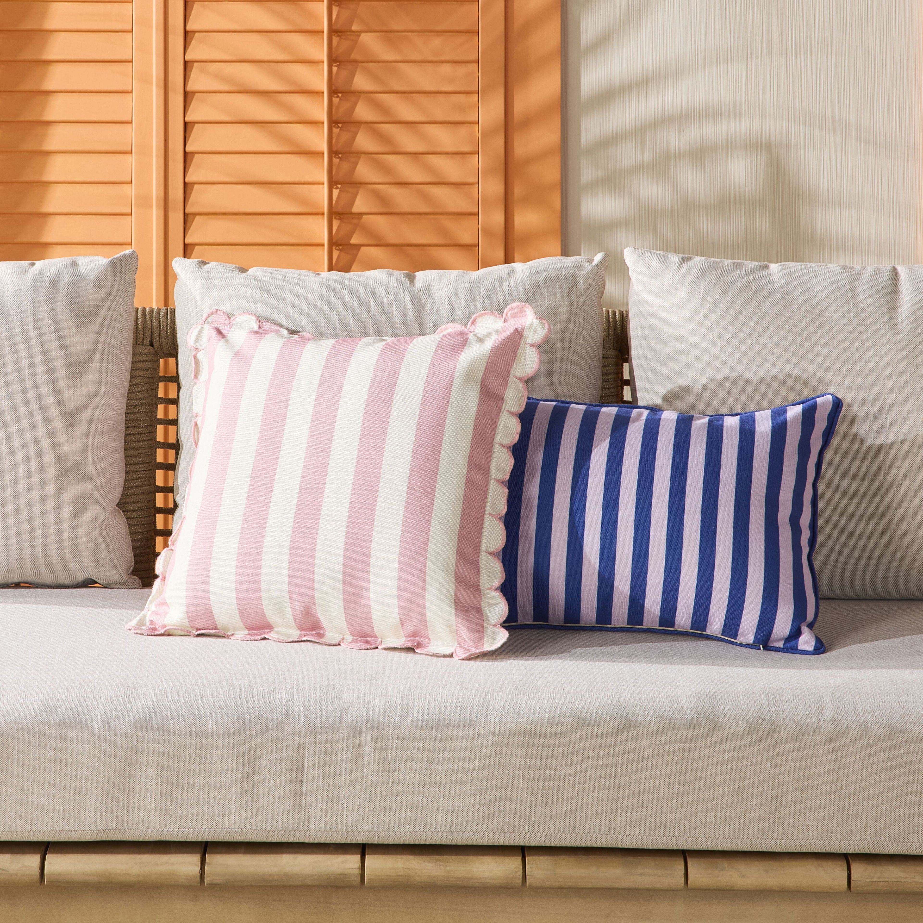 Scallop Edge Stripe Outdoor Cushion 45x45cm Blush Pink