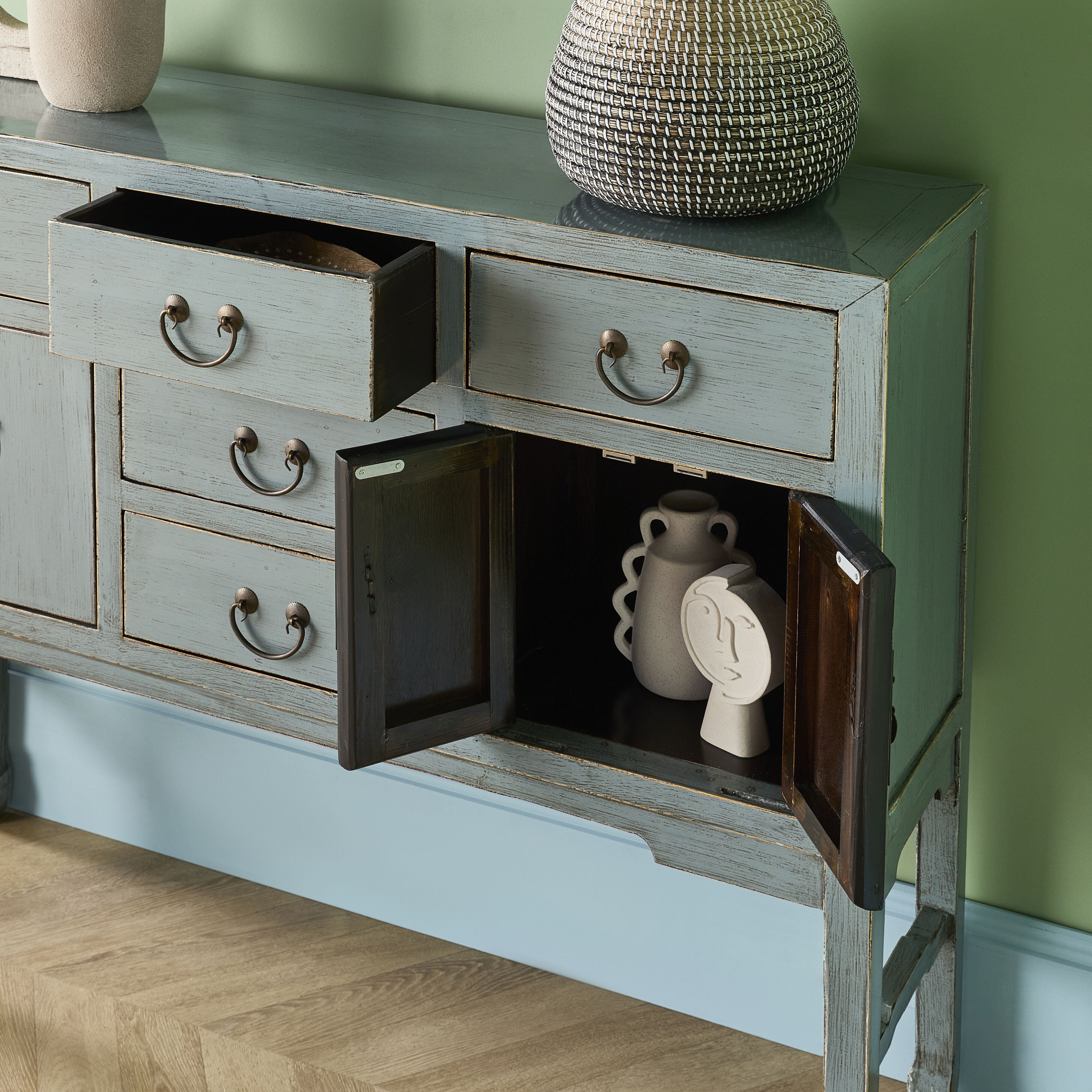 Chinese Antique-Style Console 5 Drawer 4 Door Dove Grey