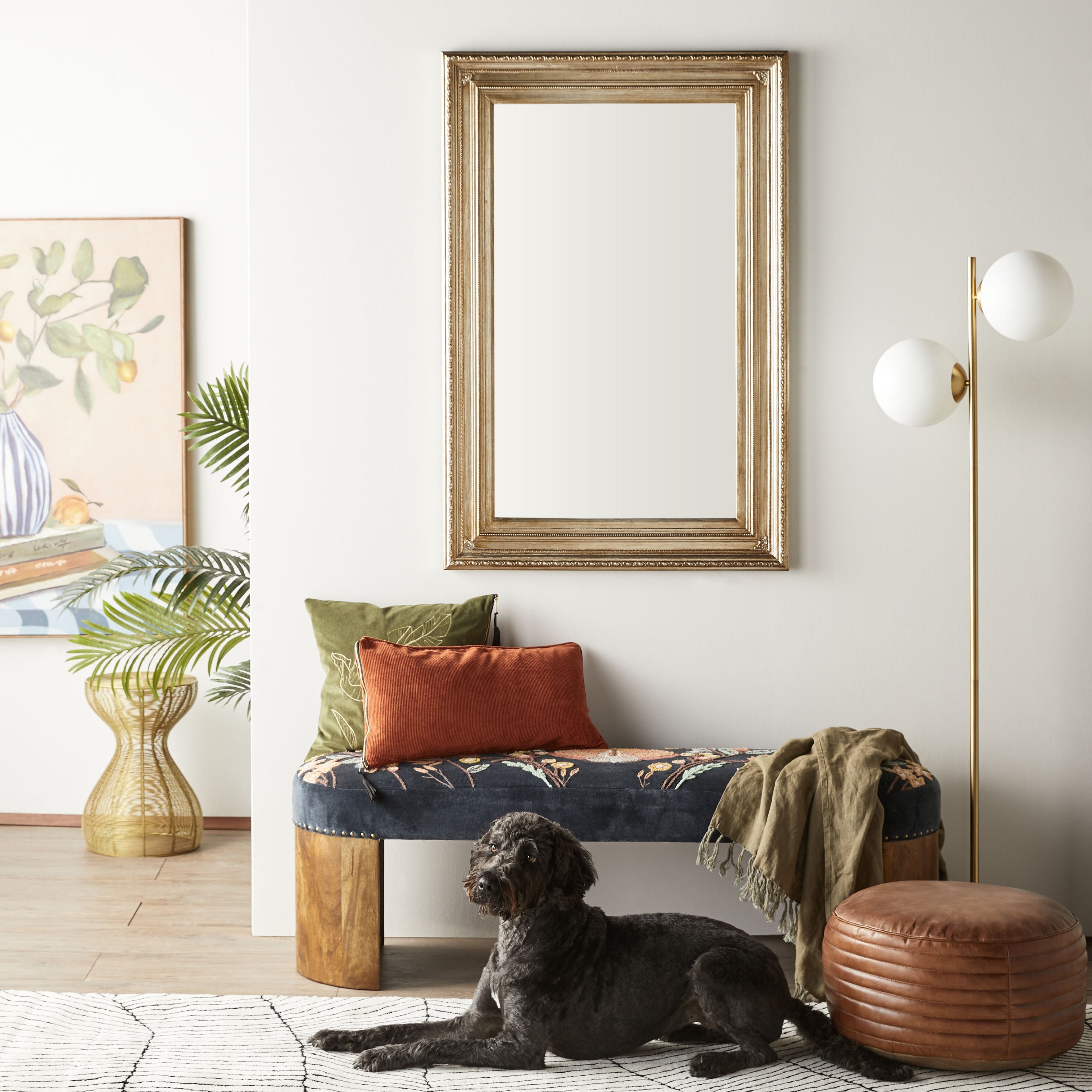 Dark Navy Velvet Hand-Embroidered Bench