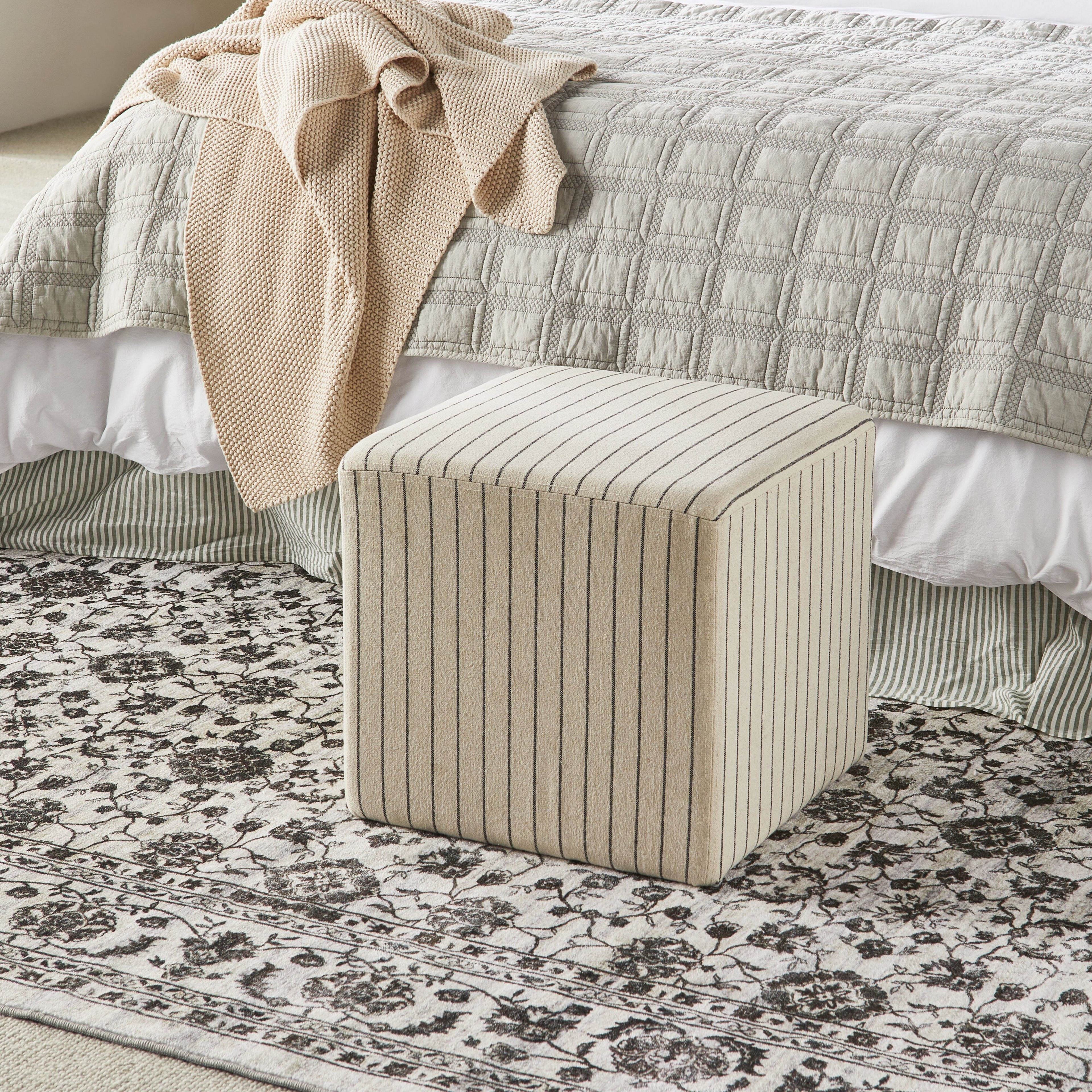 Square Linen Stripe Ottoman Coastal Style