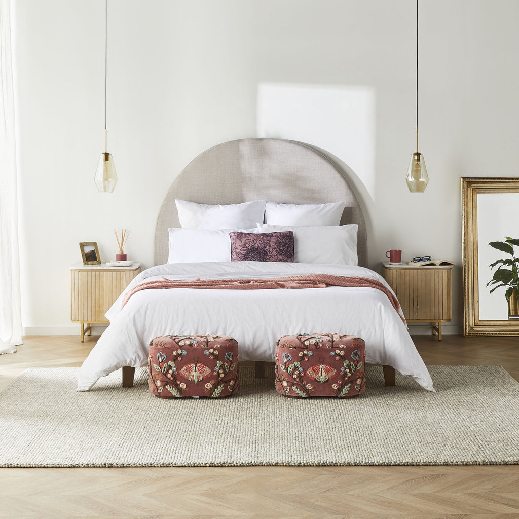 Rose Pink Velvet Hand-Embroidered Floral Ottoman