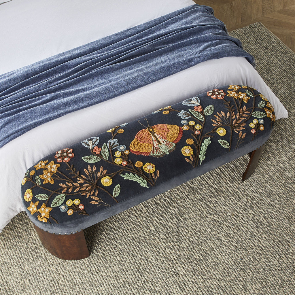 Dark Navy Velvet Hand-Embroidered Bench