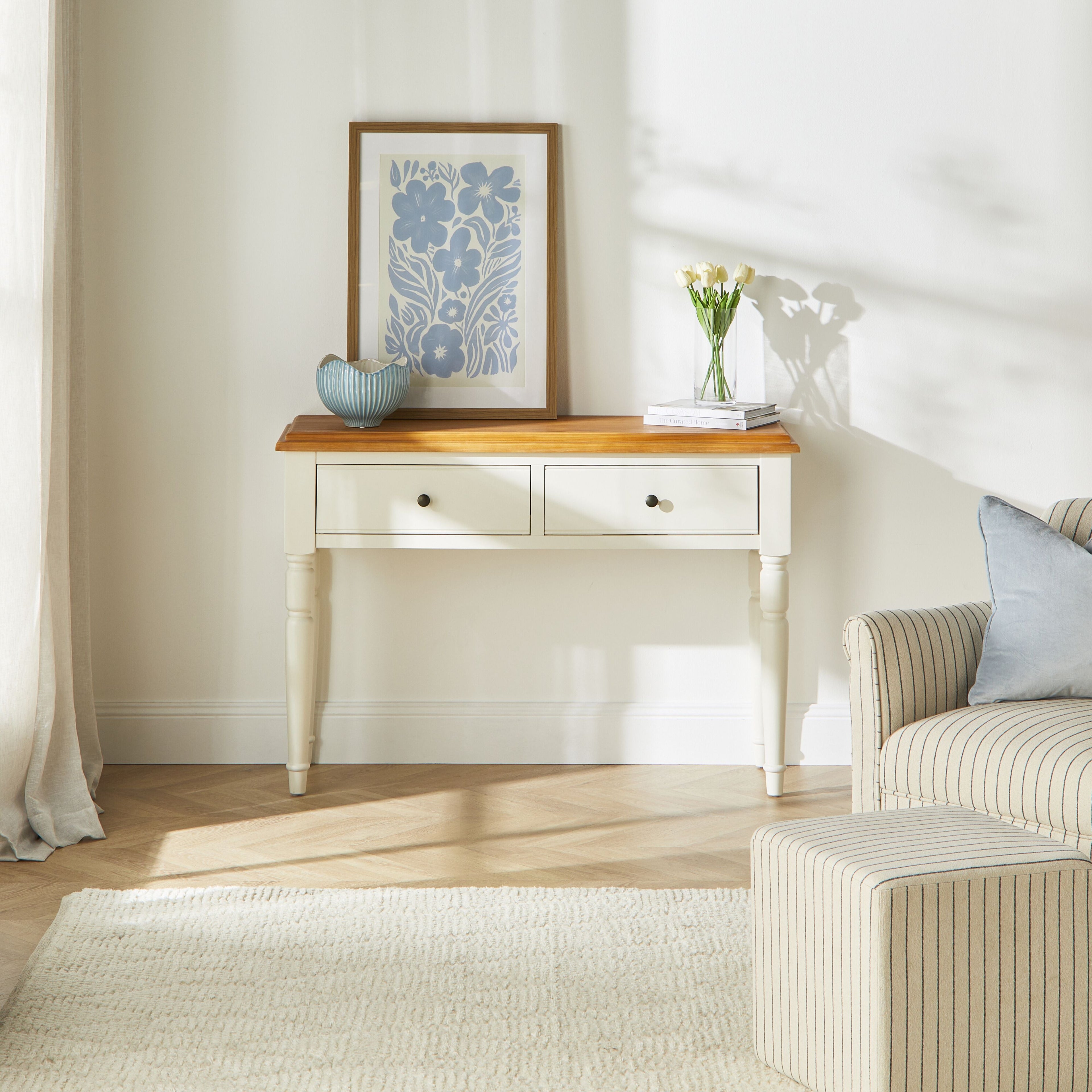 Hamptons Pine Console Table 2 Drawer White